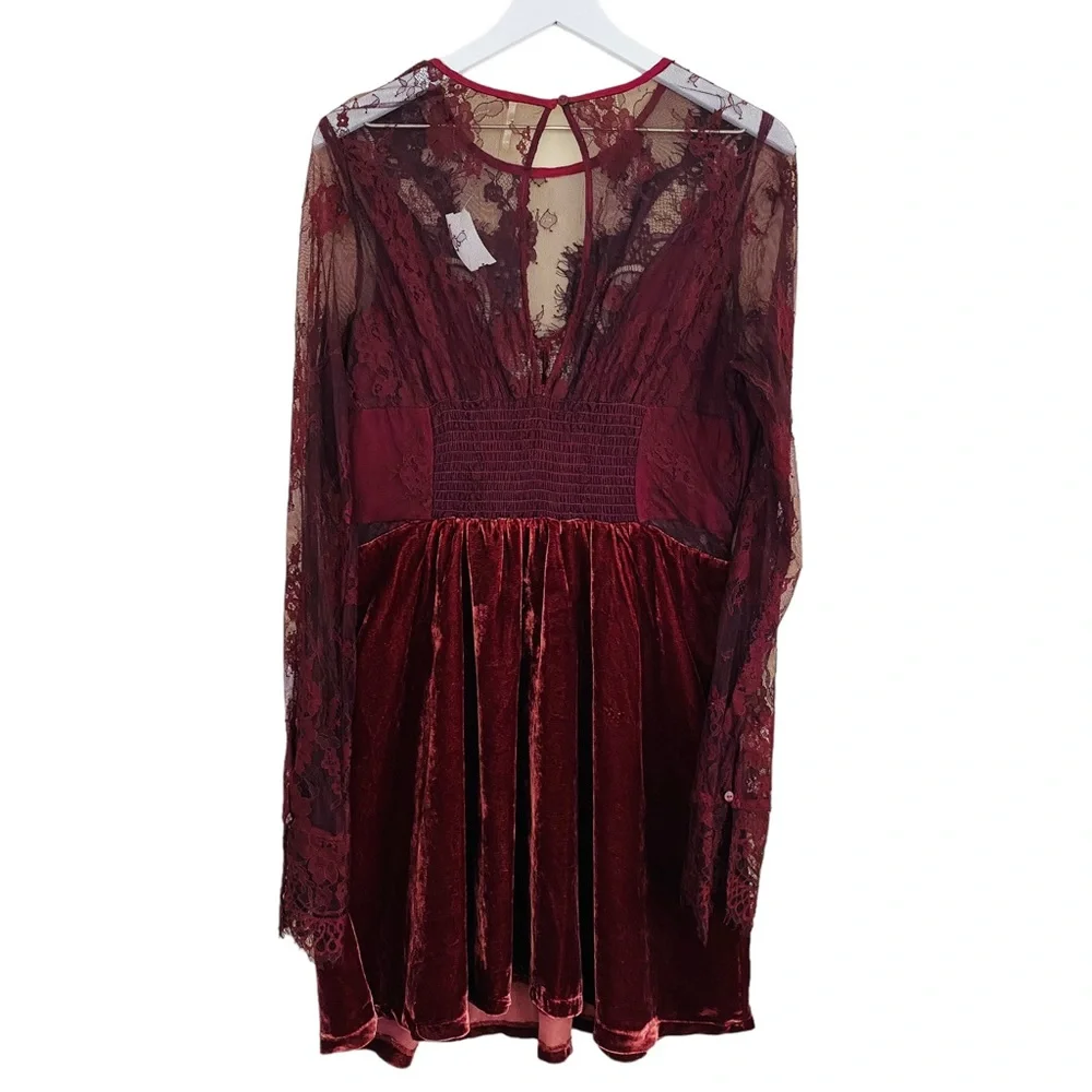 Free People NWT Marlie Lace Mini‎ Velvet Sheer Garnet Smocked Bell Sleeve Dress - Picture 7 of 13